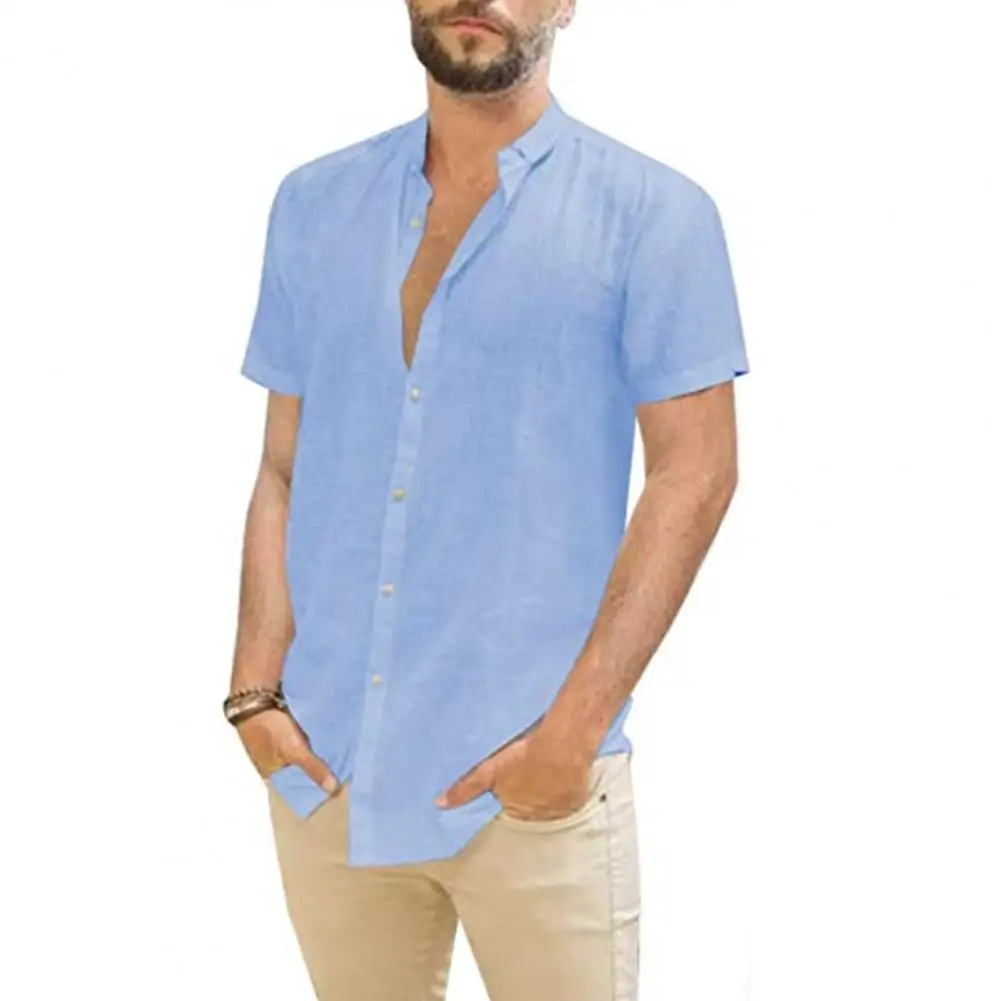 

Cotton Line Men's Short Sleeve Stand Collar Shirts Summer Solid Color Single Breasted Casual Shirts for men camisa masculina