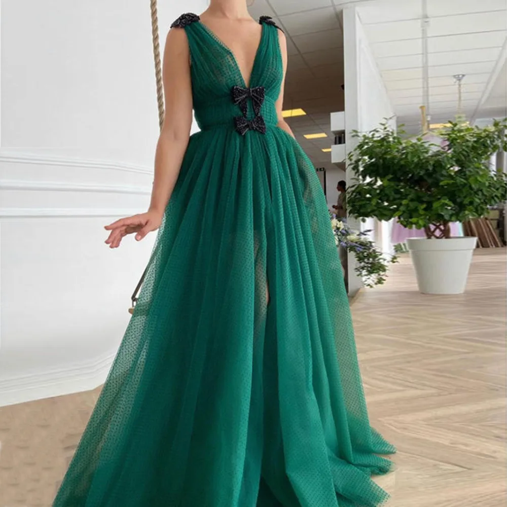 

Sexy V Neck Prom Gown Thigh Slit A Line Sleeveless Sweetie Prom Dress Beading Bows Pleated Draped Fashionable Evening Dresses