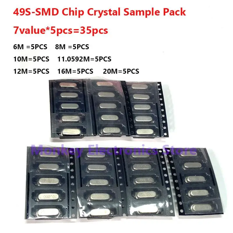 

Crystal Oscillator Kit 49S-SMD Passive Crystal 6Mhz 8Mhz 10Mhz 12Mhz 16Mhz 20Mhz 11.0592Mhz 7valueX5pcs 35pcs