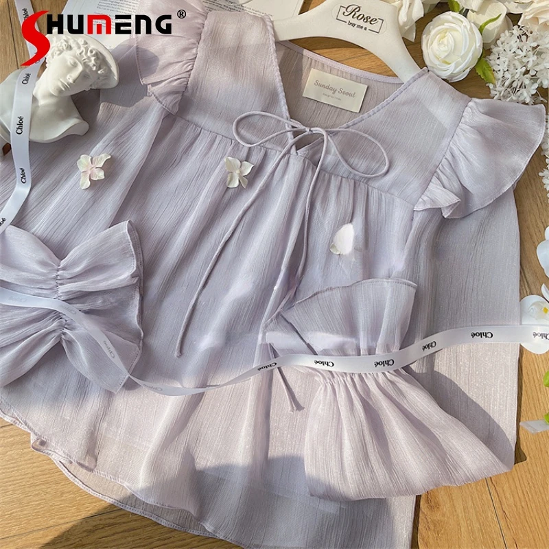 

French Lavender Purple Ruffled Stringy Selvedge Lace-up Chiffon Shirt Women's Long Sleeve Spring and Autumn Top V-neck Blouse