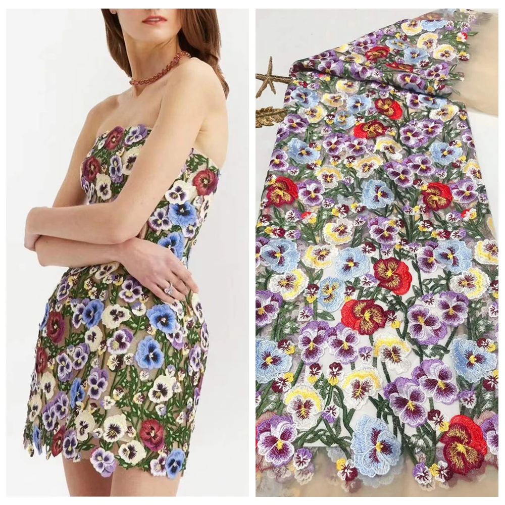 

Luxury Multi-color Embroidery Lace Fabric Dress Material Beige Mesh 2023