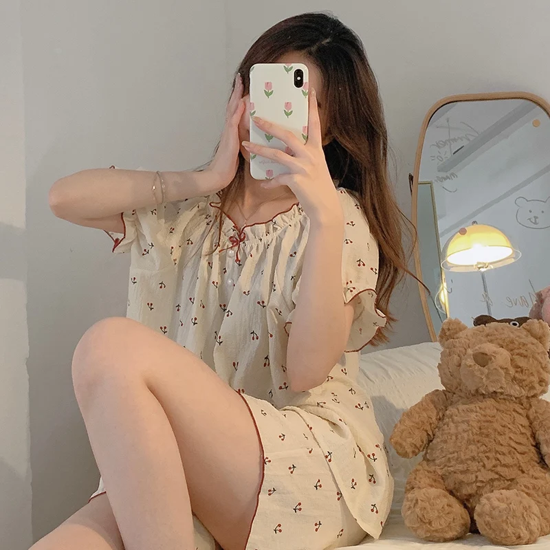 CAIYIER Summer Koream Cherry Print Pajama Set Slash Neck Kawaii Short Sleeve Shorts Sleepwear Soft Sexy Nightwear Women Homewear