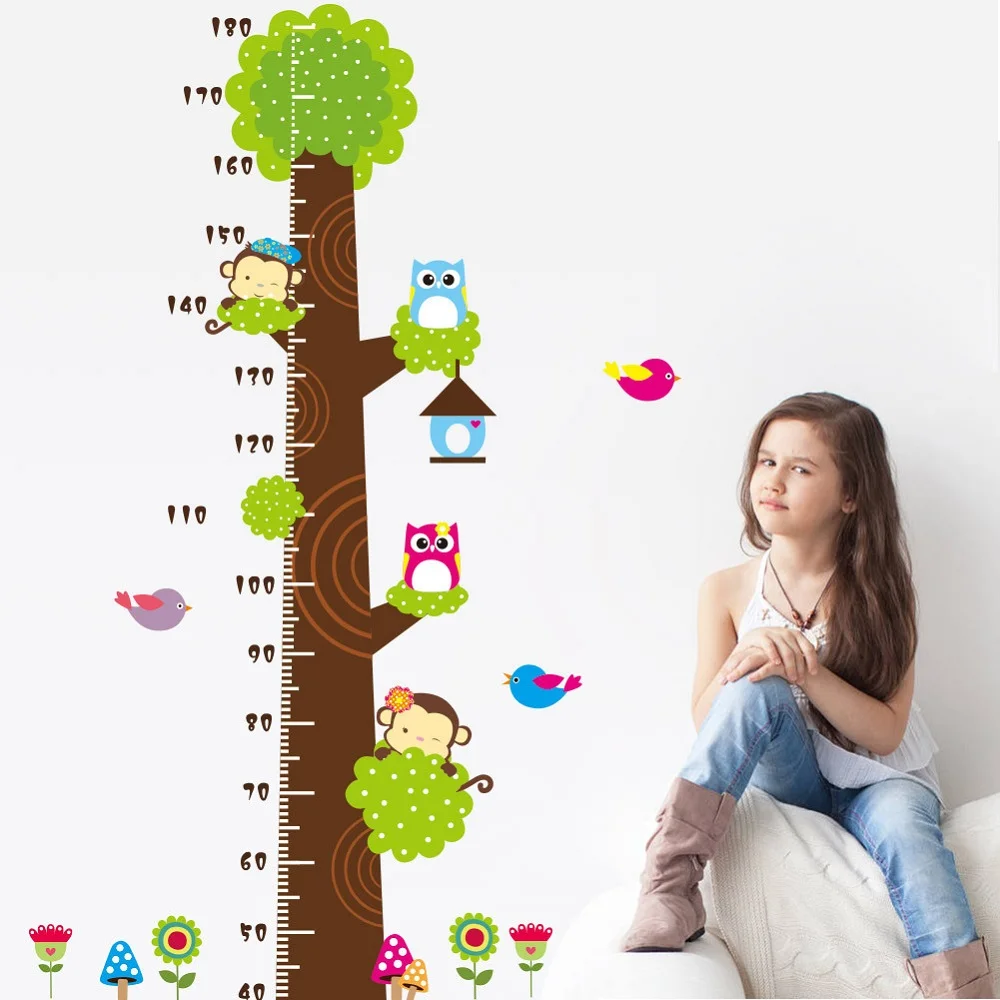 

Owl Monkey Butterfly Flower Tree Growth Chart Wall Art Home Decorations Animal Stickers Cartoon Children Wall Decals Zoo Height