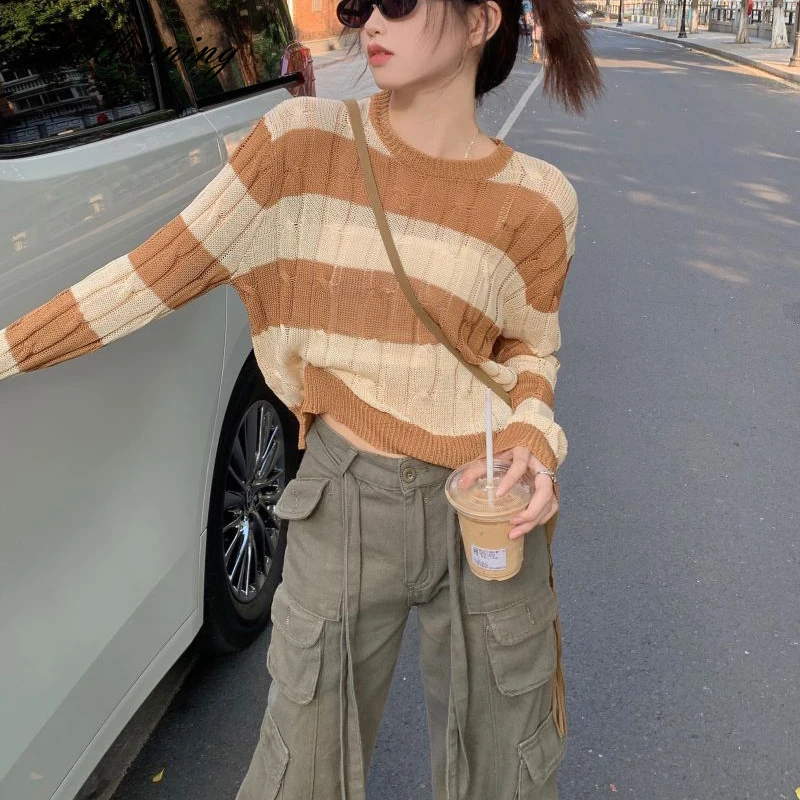

Shellsuning Loose Cropped Simple Patchwork Knitted Sweater Women Vintage Stripe O-neck Pullover Female Trendy Streetwear Jumpers