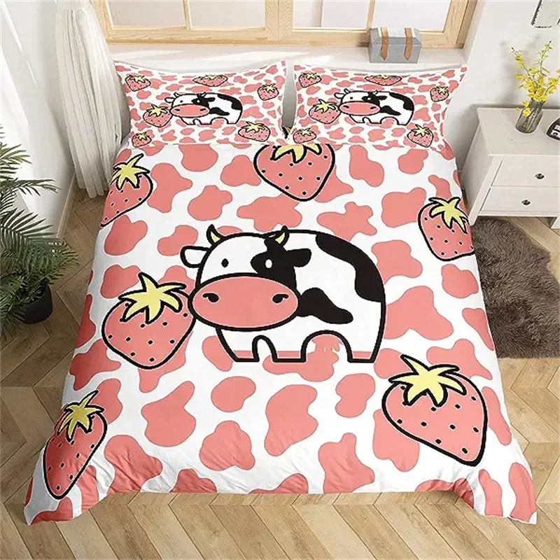 

Комплект постельного белья из коровьей шкуры, комплект розового цвета с пододеяльником, мультяшным рисунком коровьей шкуры, с животными, для детской комнаты, для девочек-подростков, декор для спальни с клубничным фруктом