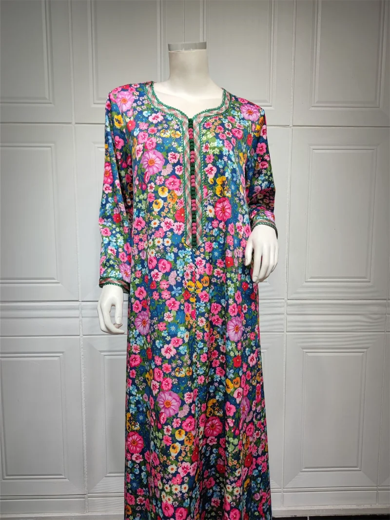 Modest Dress For Woman Elegant Casual Spring Floral Printed Long Dresses V-Neck Lace Tape Muslim Fashion Abaya Jalabiyat Ramadan