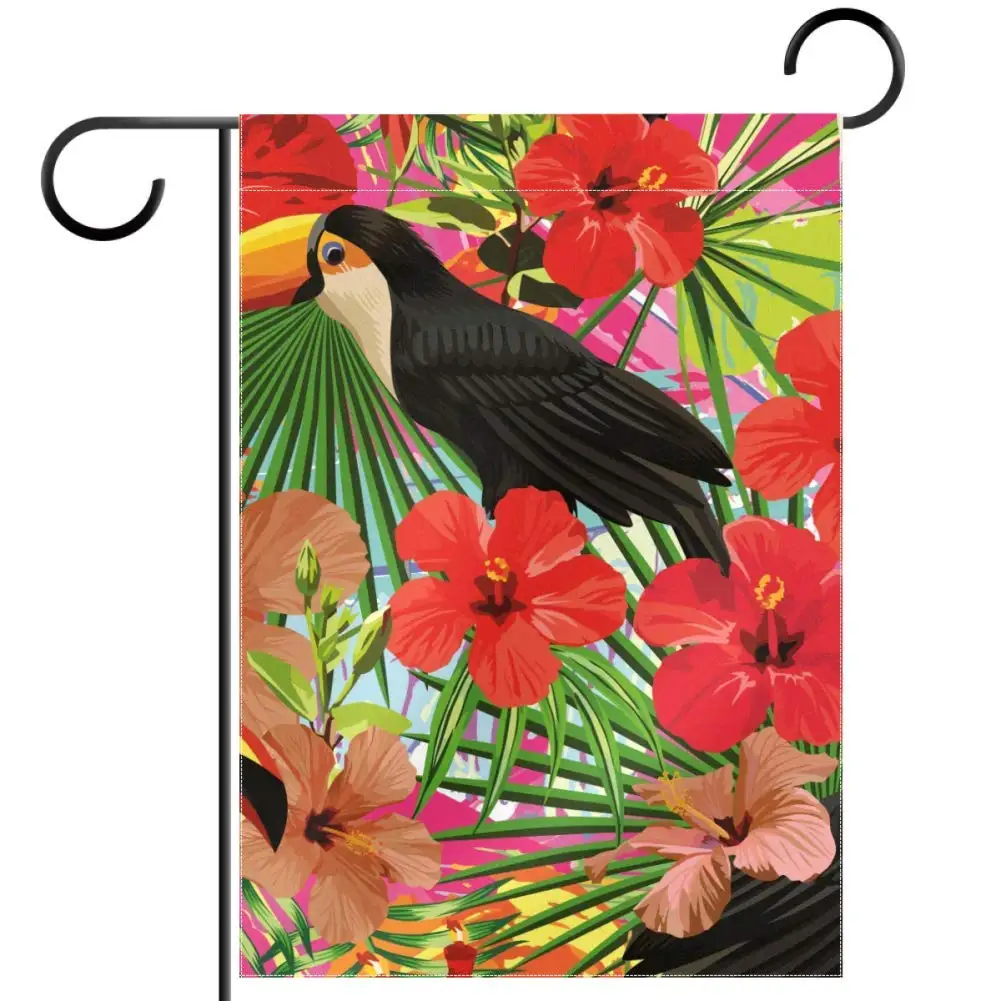 

Cartoon Toucan Floral Garden Flag Tropical Birds Flowers Yard Flag Green Palm Leaves Double Sided Polyester Home Terrace Flags