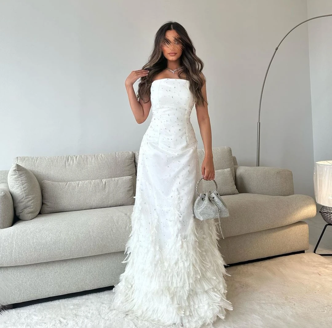 

AsaNagi Women White Prom Dress Feathers Strapless Beading Floor-Length Elegant Formal Party Evening Gown 2023 vestidos de gala