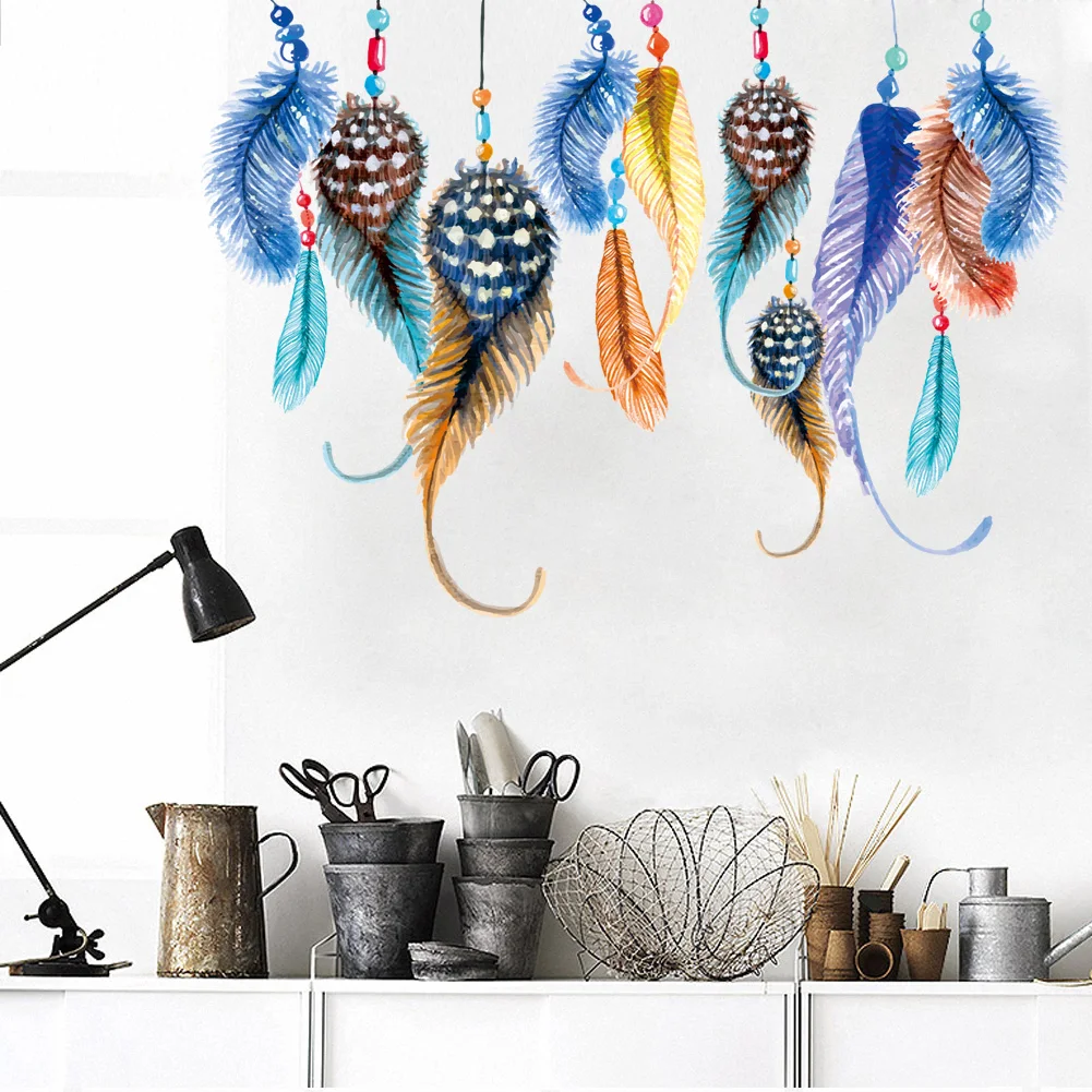 Creative fashion DIY feather dream catcher wall stickers living room bedroom background wall decoration home mural decals