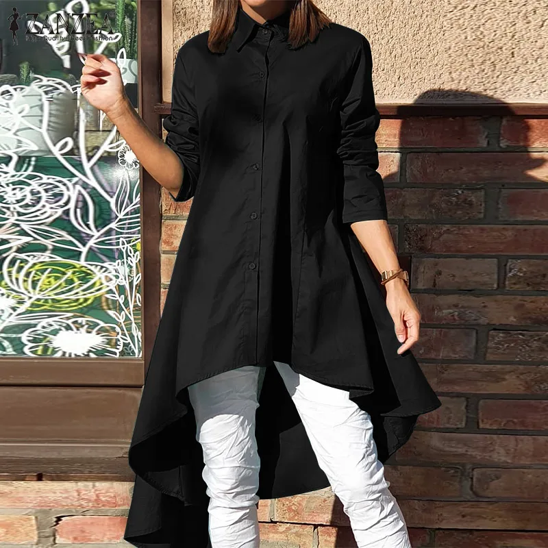 

Women Fashion White Shirt ZANZEA Solid Lapel Chemise Casual Baggy Blouse Oversized Party Blusa Spring Autumn Irregular Long Tops