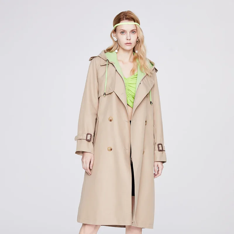

2022 Women's Hooded long double-breasted trench coat Spring/autumn solid color cape top casual loose coat