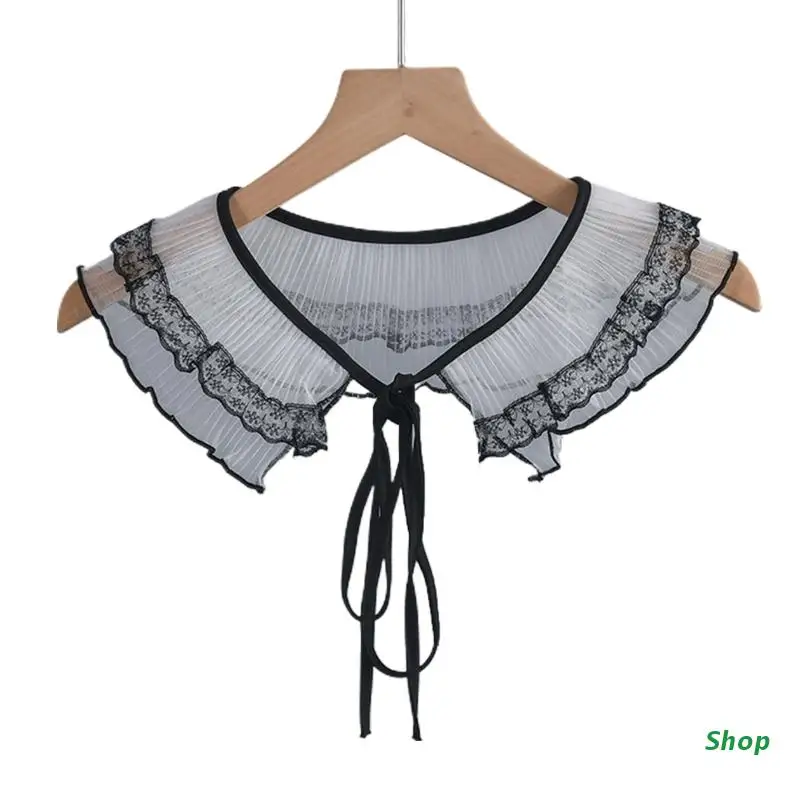 

L5YC Floral Lace Trim Mini Cape Women Colorblock Tiered Ruffles Lace-Up False Collar