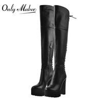 onlymaker women fashion platform chunky high heel boots sexy lace up side zipper stretch over the knee shoes big size boots