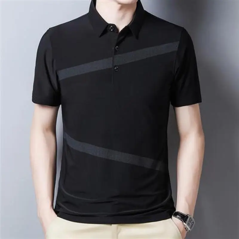 

Summer Short Sleeve T-shirt Men's Turn-down Collar Pullover Fashion Plaid Polo Tees Loose Striped Button Solid Casual Tops