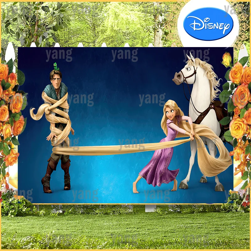 Cartoon Disney Tangled Rapunzel Backdrop Kids Birthday Background Purple Clothes Long Hair Princess Photography Decor Props