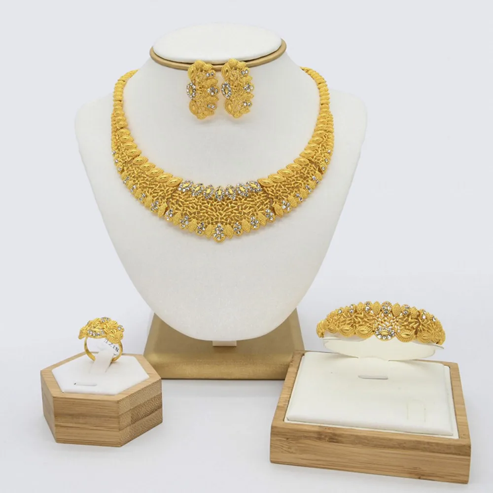

Flower Jewelry Set for Women Party Wedding Design Necklace Bracelet Earrings Ring Gold Color Jewellery for Nigeria Ethiopian