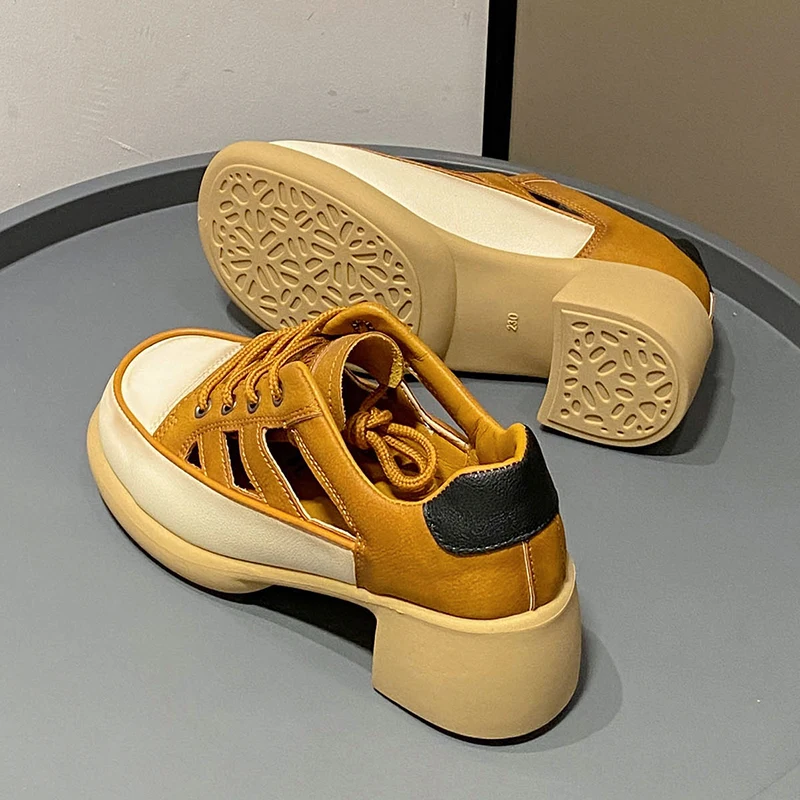 Sandals Women's Genuine Leather 2023 New High Heeled British Style Openwork Casual Single Shoes Roman Luxury Women's Sandals