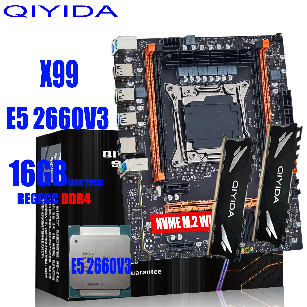 Набор материнской платы QIYIDA X99 LGA 2011-3 с процессором Intel Xeon E5 2660 V3 16 Гб (2*8 ГБ) DDR4 ECC ОЗУ