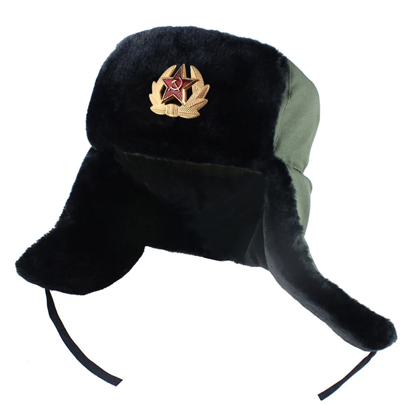 

Soviet Military Badge Russia Ushanka Bomber Hats Pilot Trapper trooper Hat Winter Faux Rabbit Fur Earflap Men Snow Caps