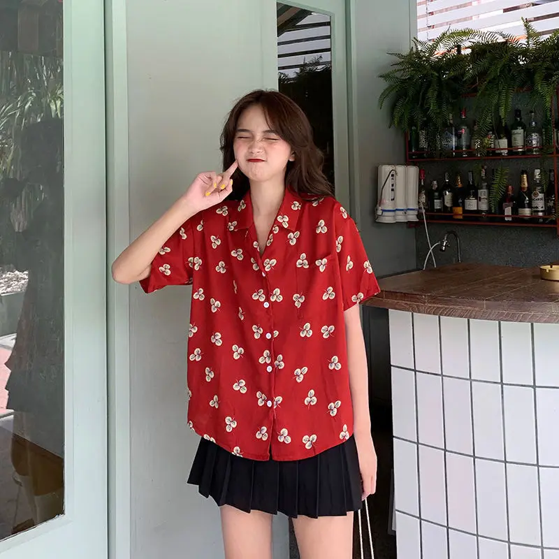 Летняя красная рубашка с коротким рукавом женская уличная одежда модная новинка