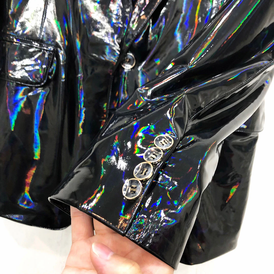 Bar Male Singer Black Shiny PU Leather Blazer Coat One Button Slim Soft Paint Jacket Stage Performance Costume Plus Size