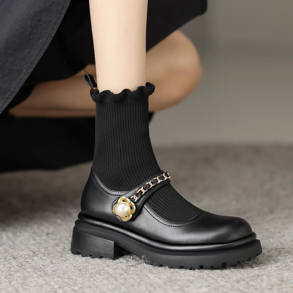 

Anke Boots Knitting Patchwork Woman Shoes Spring Autumn Cowhide Shoes Round Toe Warm Winter Boots With Chains Girls Sock Botas