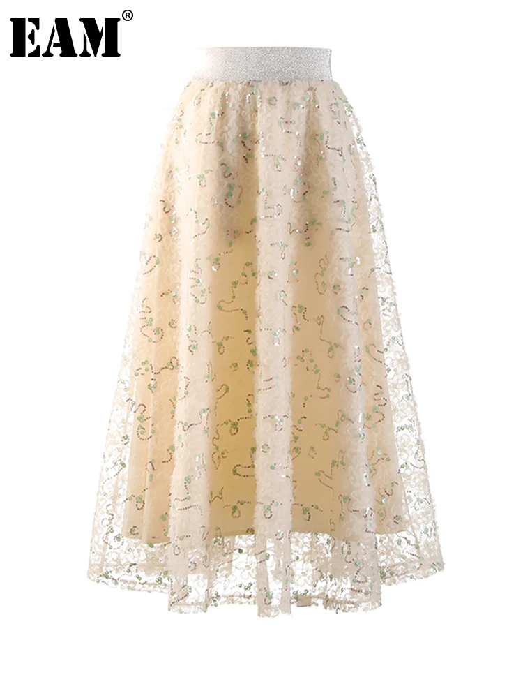

[EAM] High Elastic Waist Apricot Flower Sequins Elegant Midi Half-body Skirt Women Fashion Tide New Spring Autumn 2022 1DE6999