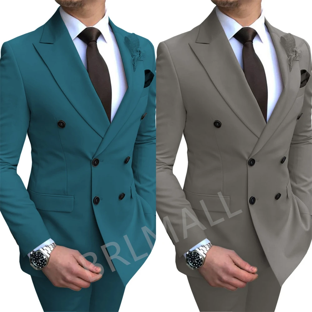 Double Button Formal Men's 2 Piece Suit Set Solid Business Tuxedo Wedding Party Evening Dresswear For Men Bride Groom Plus Size