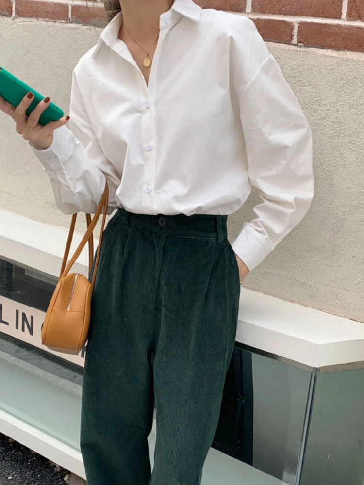 

HOUZHOU Casual White Blouses Women Elegant Office Lady Long Sleeve Shirt Loose Solid Korean Fashion Female Shirts Basic Tops