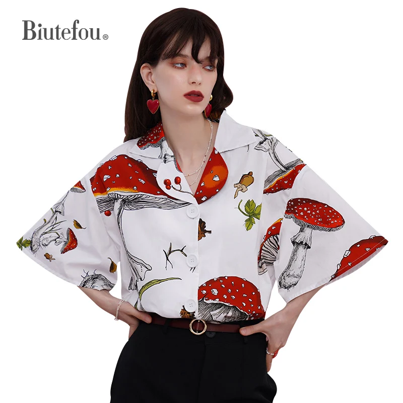 2023 Summer Women Plant Mushroom Hand Painted Short Sleeve Shirt