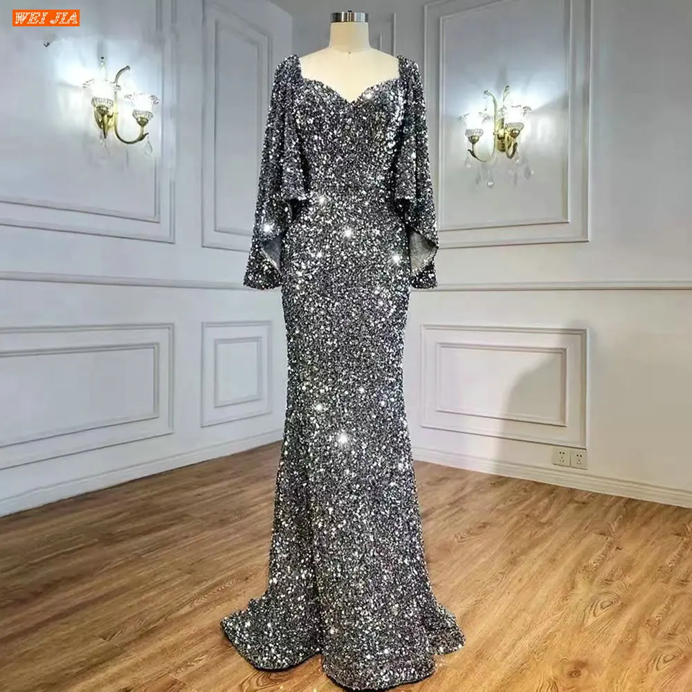 

Luxury Sequins Mermaid Evening Dresses V Neck Shawl Long Sleeves Vestidos De Fiesta Women Party Dress Robes de Soirée E Femme