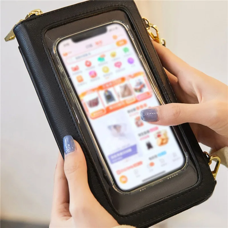 

Small Women Handbag Female Transparent Touch Screen Phone Crossbody Bag Ladies Large Capacity Pure Color Messenger Money Wallet
