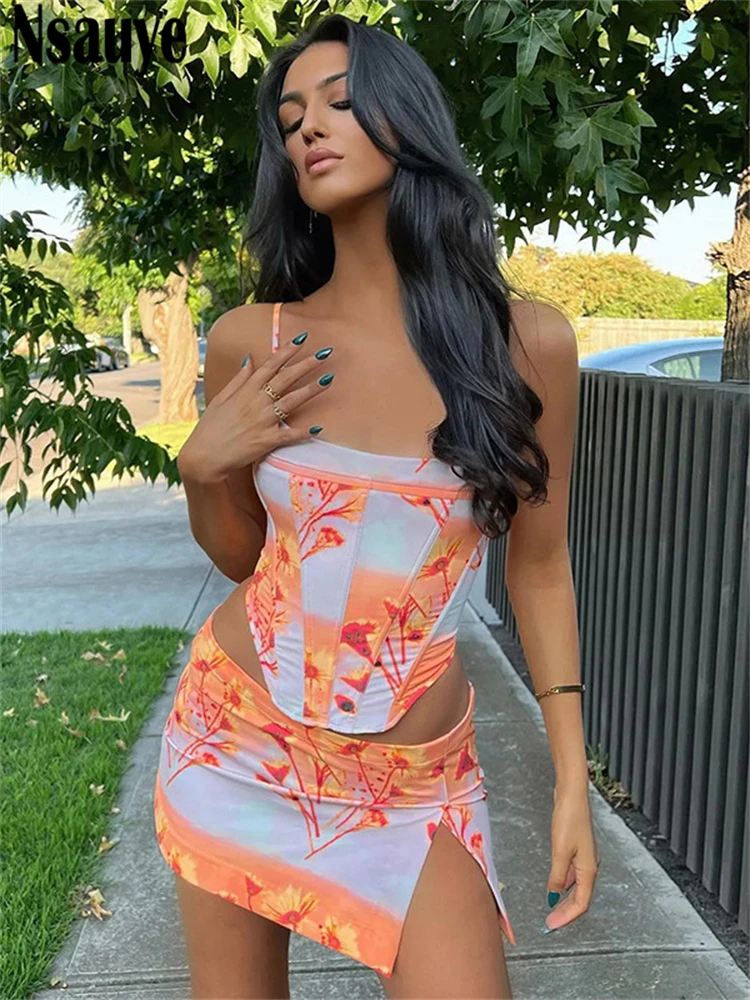 

Nsauye Women Fashion Print Cute Summer Beach Skirt Two Piece Set Y2K 2022 Corset Tops And High Waist Mini Skirt Suits Outfits