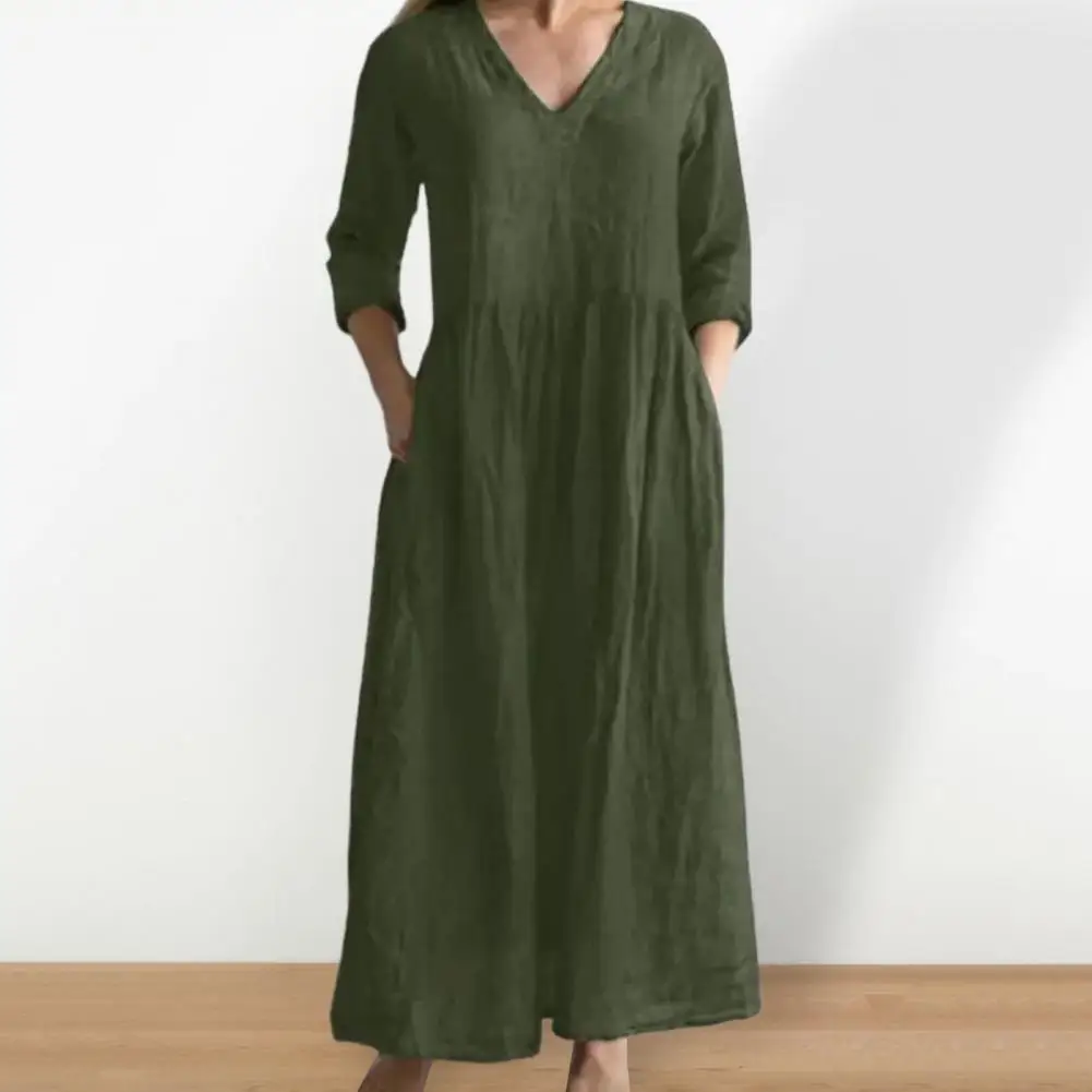 

Pleated Dress Versatile Women's V-neck Maxi Dress Breathable Ankle-length Stylish with Pockets Ideal for Summer Fall Women Loose