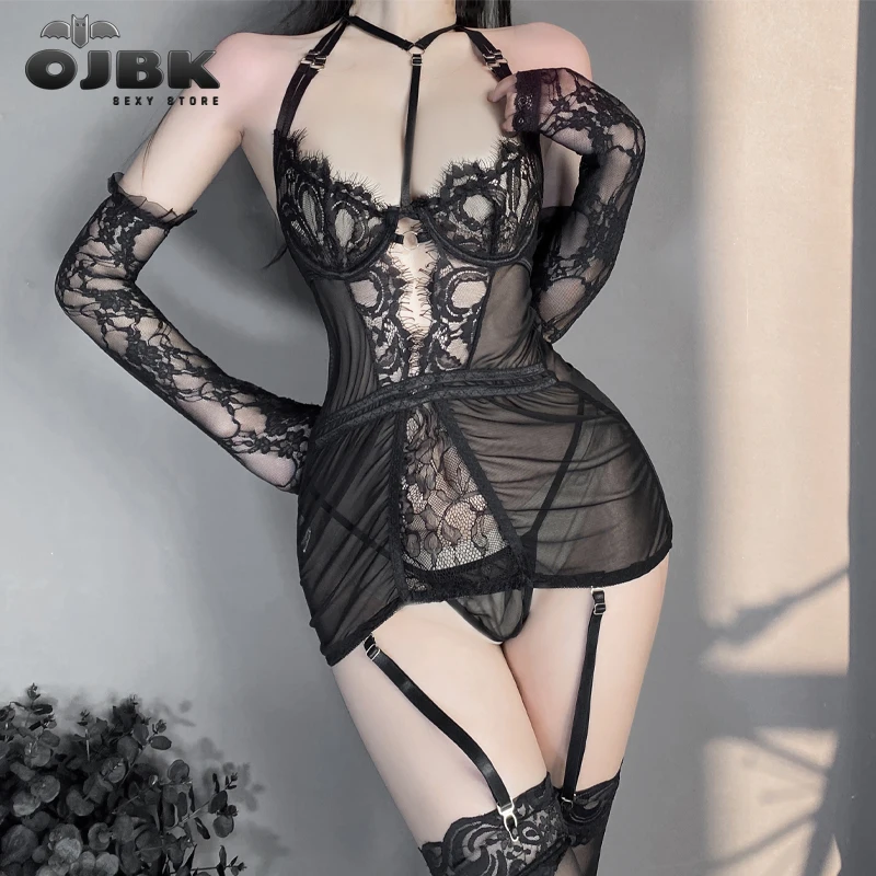 

OJBK Sexy Maid Dress Uniform Perspective Lace Hollow Tight Skirt Women Lingerie Halter Open Chest Maid Cosplay Costumes 2022 NEW