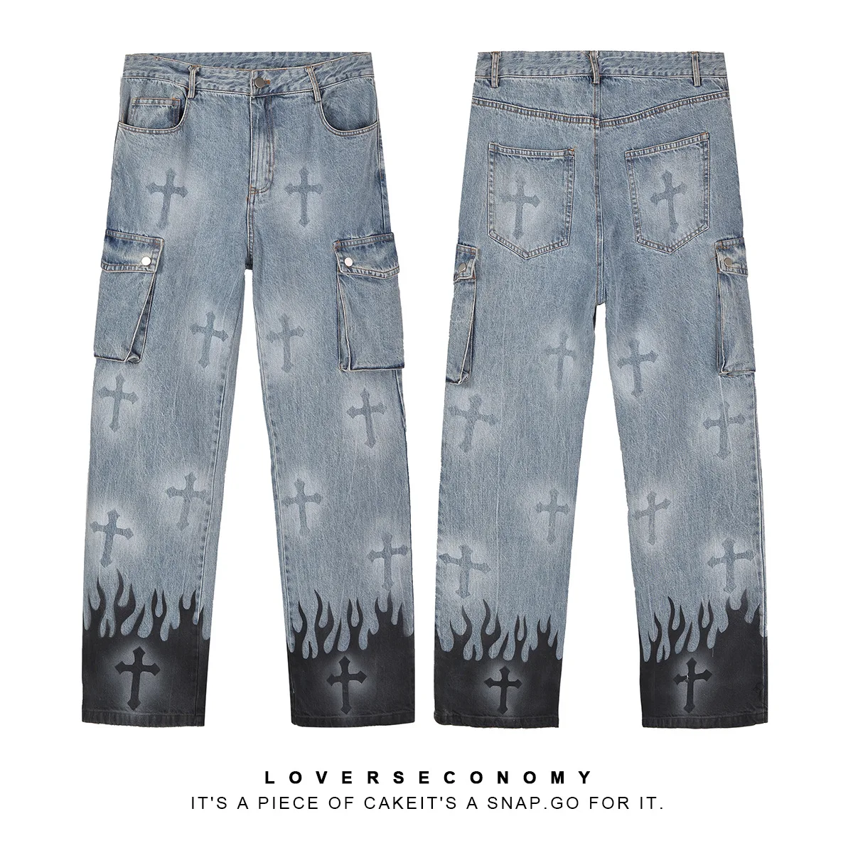 Men Jean Mid Waist Straight Baggy Pants Korean Fashion Male Printed Pocket Trend Denim Trousers Jeans Homme  Y2k Men Clothes