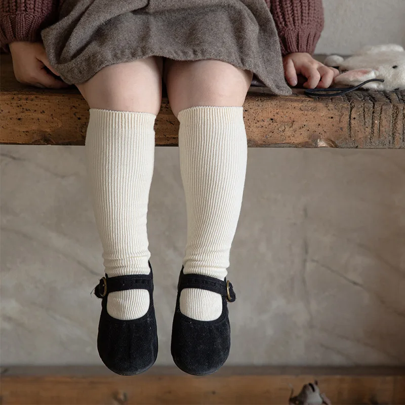 

Осенние длинные носки для девочек, однотонные хлопковые носки с двойными иглами, чулки до колен, детские носки-трубы