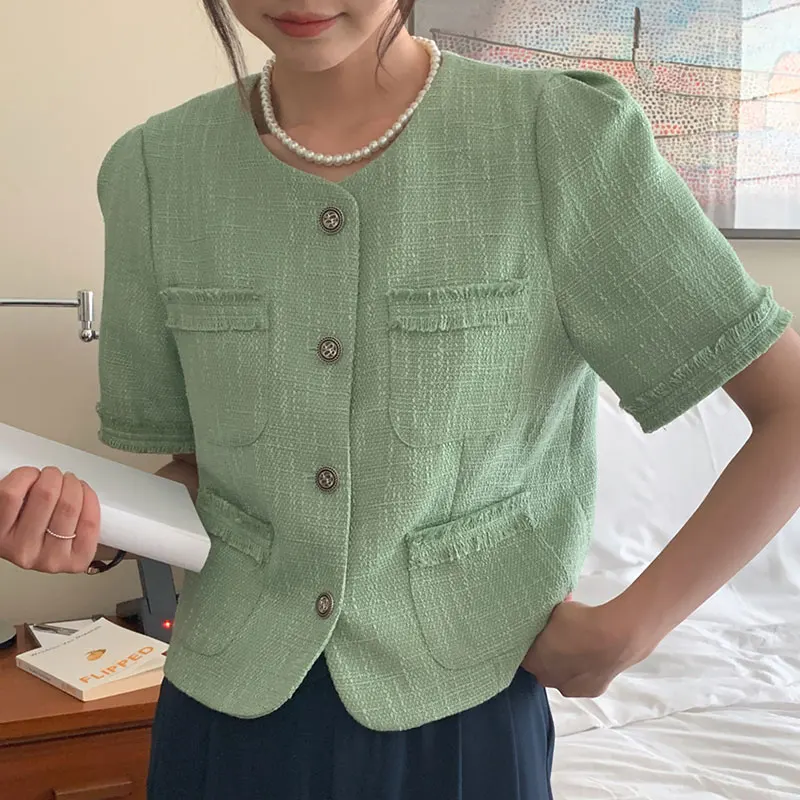 Женская твидовая куртка с коротким рукавом элегантный однобортный пиджак