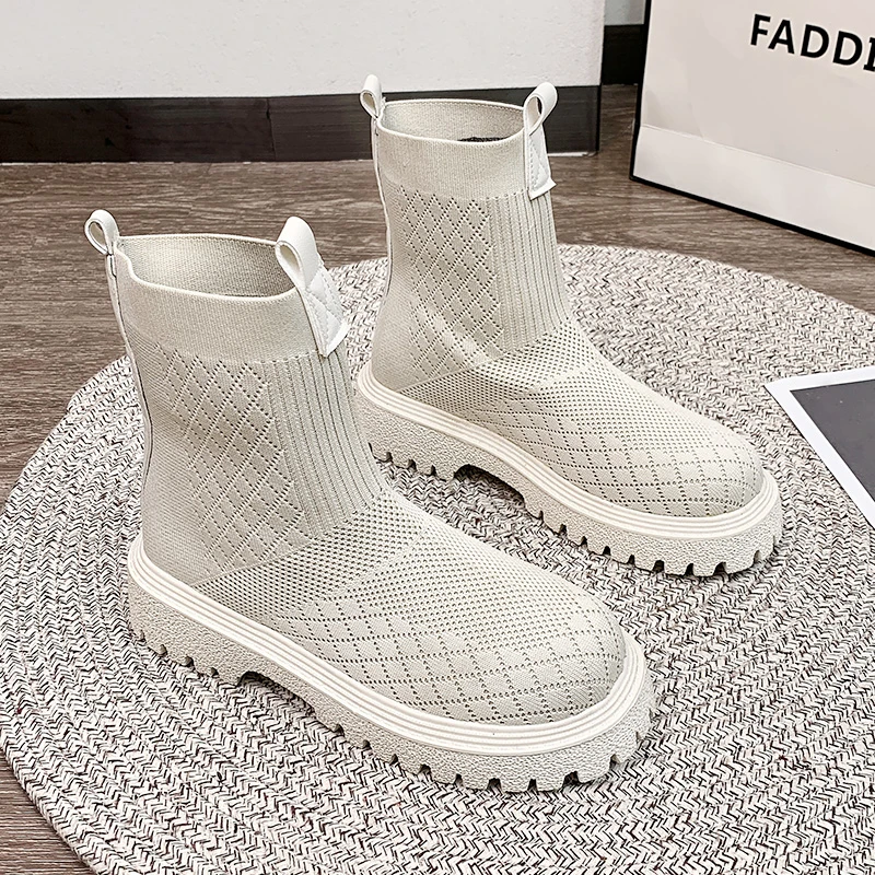 

Women Ankle Boots Thick Bottom Knitted Woman Sock Shoes Elastic Fabric Fashion Female Short Boot Autumn Ladies Footwear 2023 New
