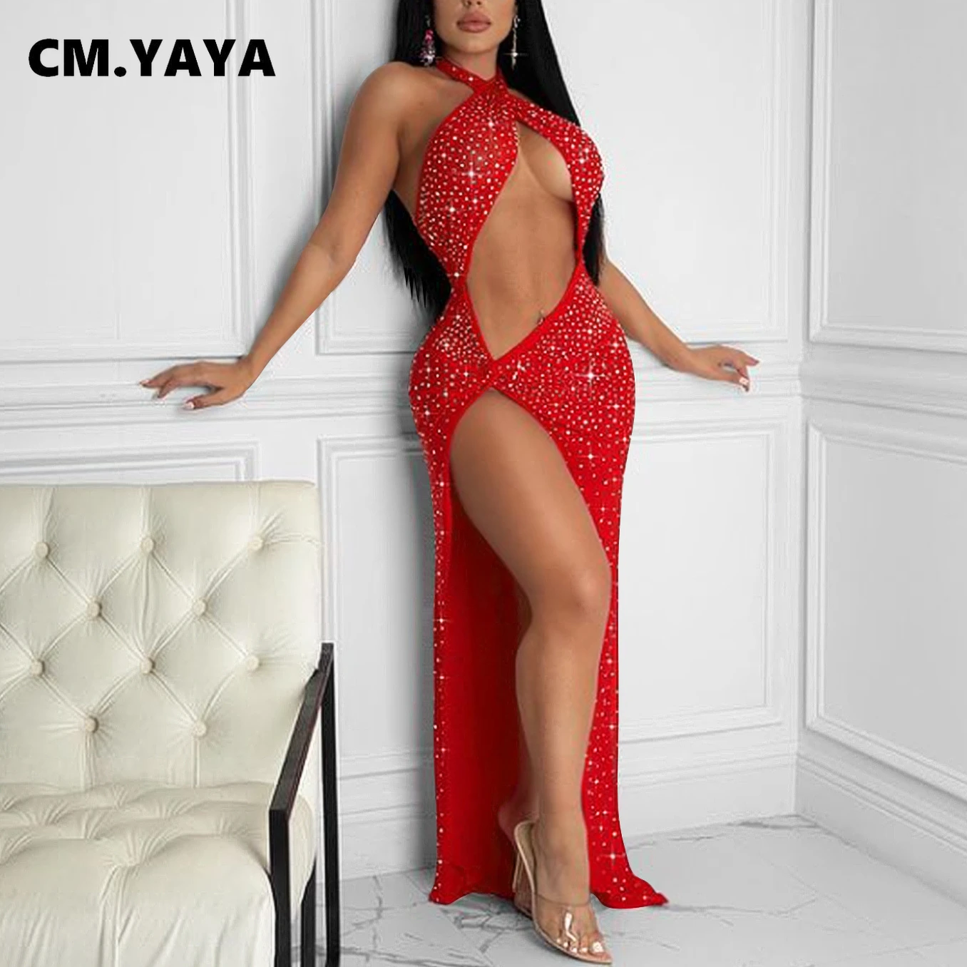 Женское Макси-платье с высоким разрезом CM.YAYA прозрачное Сетчатое платье