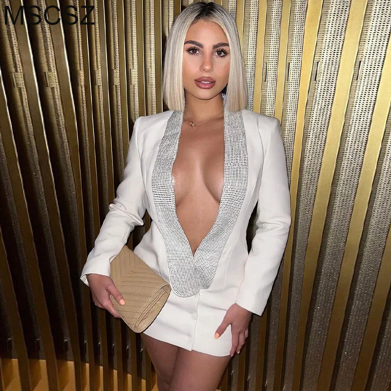 

Sexy Backless Blazer For Women Deep V-Neck White Blazer Dress With Rhinestone Fashion Birthday Party Dress Suit Jacket