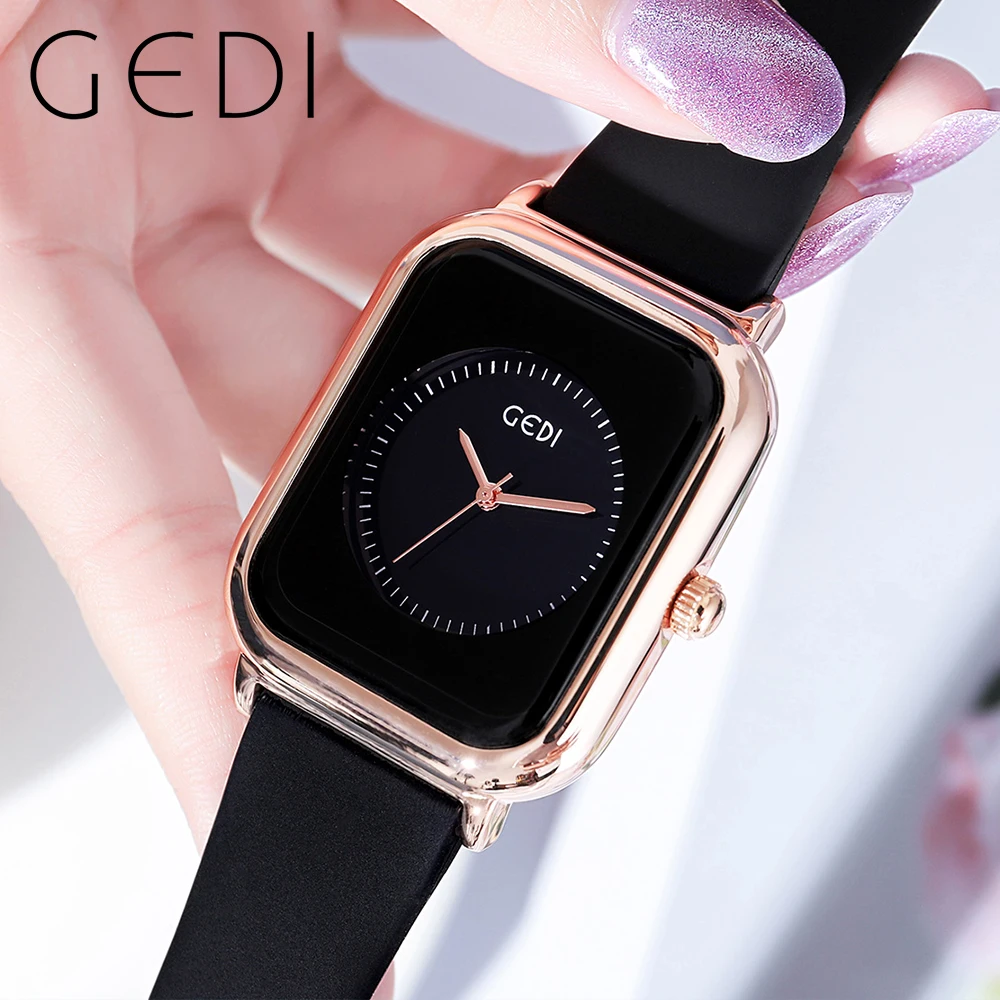 GEDI Women Men Unisex Watch Silicone Strap 30m Waterproof Rectangle Ladies Fashion Quartz Wristwatches Trend Gifts Dropshipping