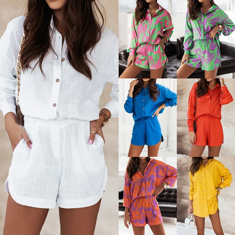 

Women Two-piece Casual Single-breasted Spring Summer Lapel Loose Long-sleeved Colorful Print Mid-waist Shorts Beach Two-piece