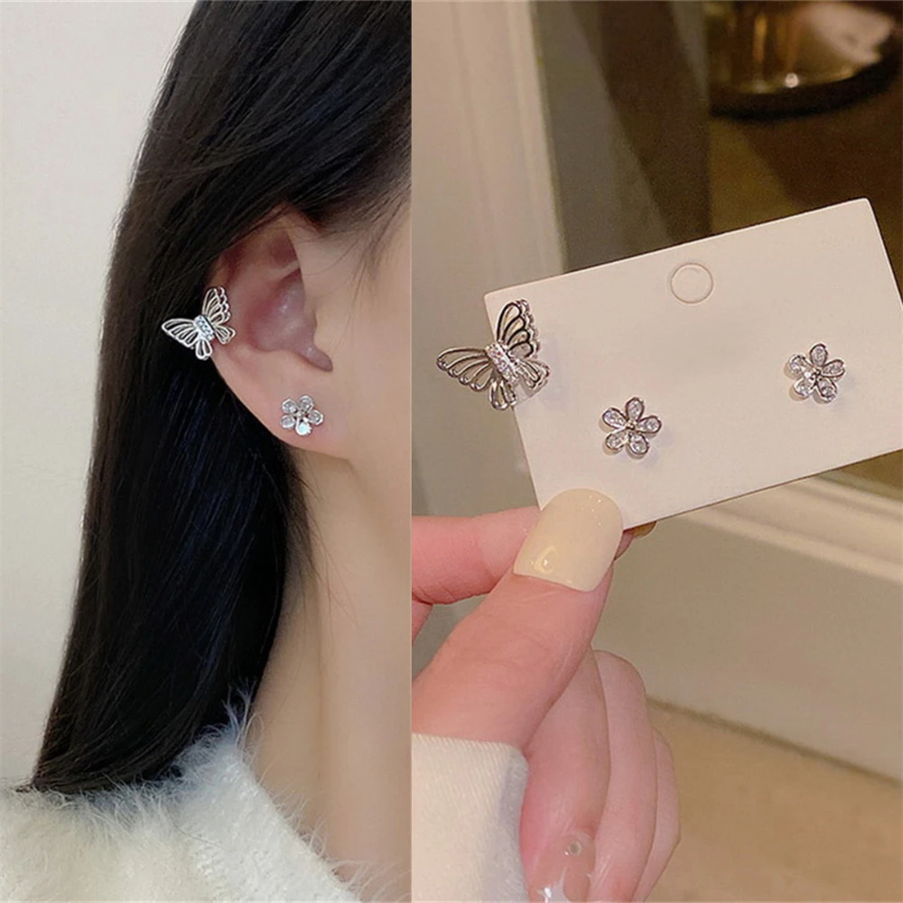 

Korean Asymmetric Butterfly Flower Small Stud Earrings For Women Exquisite Zircon Cutout Clip On Earrings And Ear Studs Jewelry