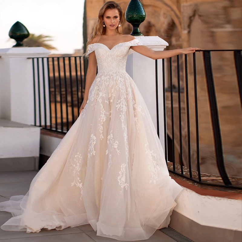

Gorgeous Appliques Sparkly Tulle A-Line Wedding Dress Luxury Sweetheart Neck Lace Up Bridal Gown Vestido De Noiva