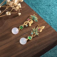2022 china style new earrings ancient gold plated enamel color inlaid natural jade beads asymmetric earrings for women jewelry