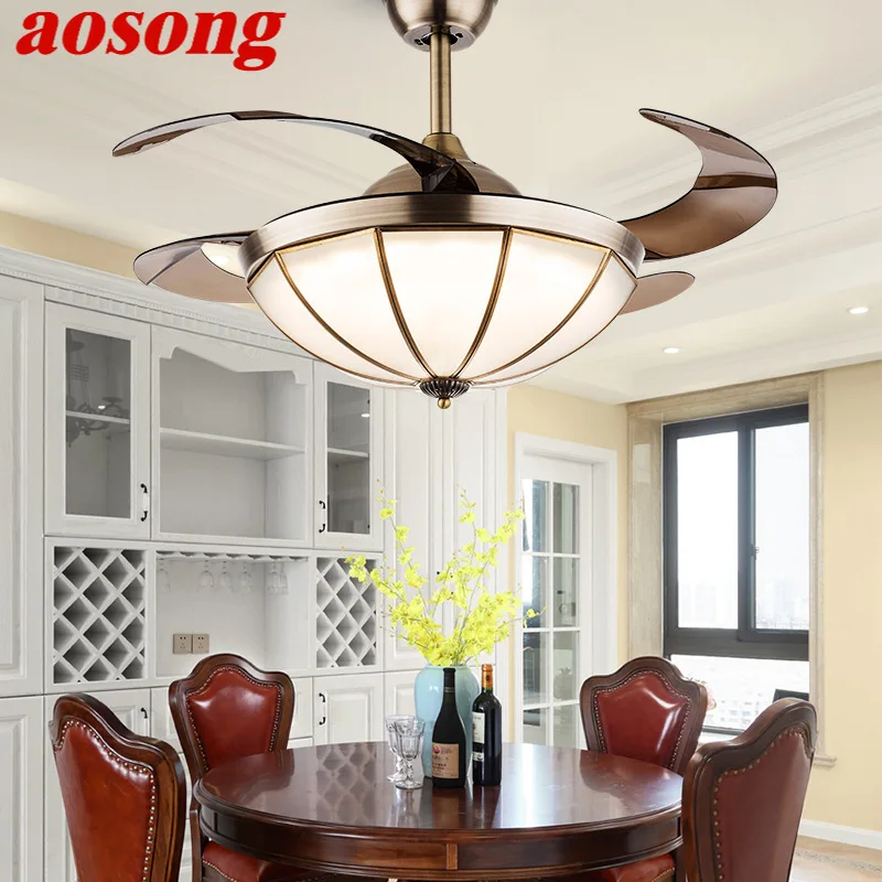 

AOSONG Light Luxury Ceiling Fan Lights Industrial LED Brass Hanging Lamp with Remote Control For Home Bedroom Loft
