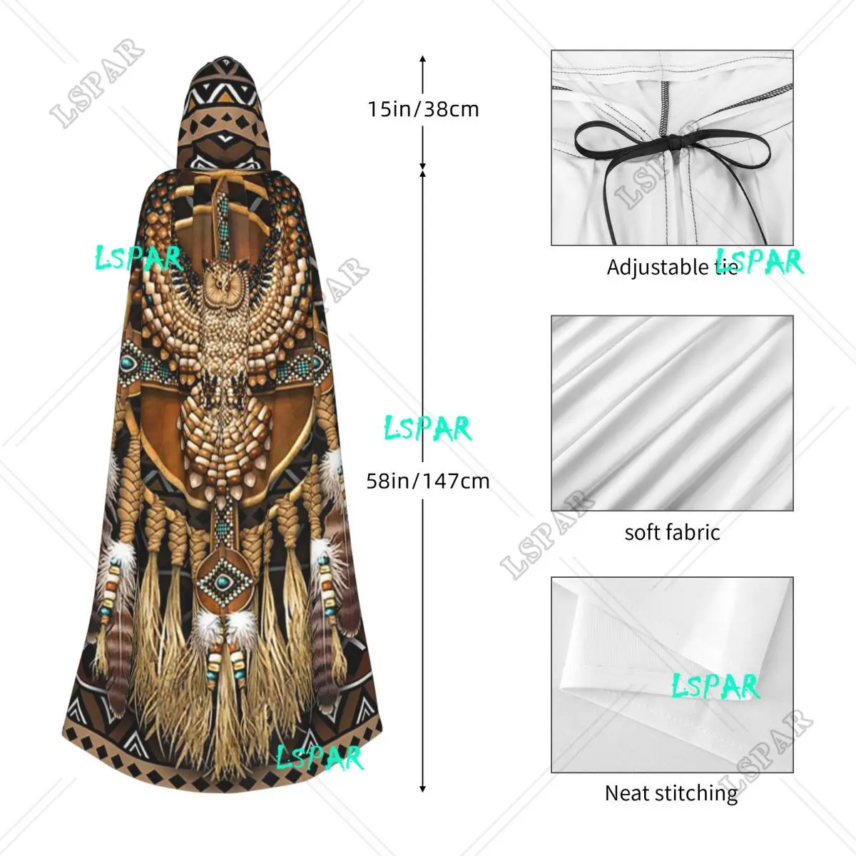 Mandala Owl Long Hooded Cloak Witch Medieval Costume Cosplay Cape HalloweenCoat Adult Unisex