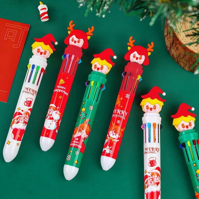 

Рождественская шариковая ручка 10 цветов, шариковая ручка для учеников с прессом, цветная ручка с Санта-Клаусом, шариковая ручка 0,5 мм, школьные принадлежности