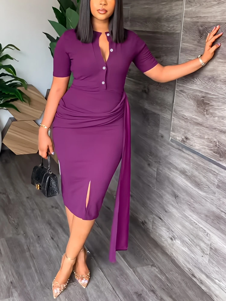 

Элегантное женское платье миди с пуговицами и асимметричной лентой на талии, Повседневная летняя офисная Деловая одежда с коротким рукавом